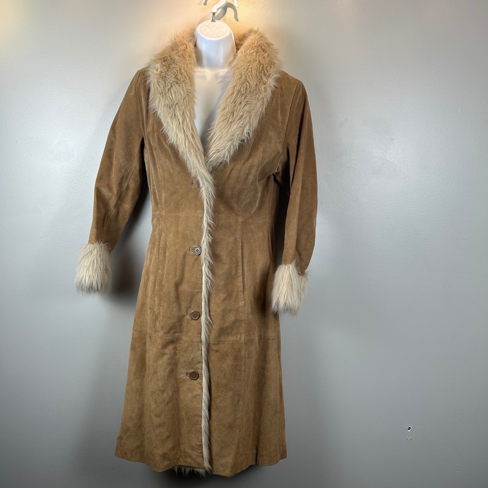 Wilsons Leather Maxima Suede Trench Coat Faux Fur Trim Penny Lane Tan Brown XS